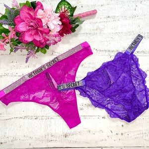 Victoria’s Secret Pink Purple Bundle Lace Shine Strap Thong String Bikini